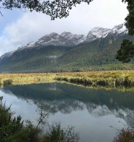 Stunning lake and snow-capped mountain views on South Island, New Zealand.