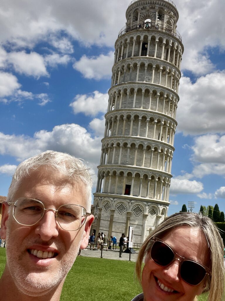 Guest author Rachel and partner Shane at the Leaning Tower of Pisa
