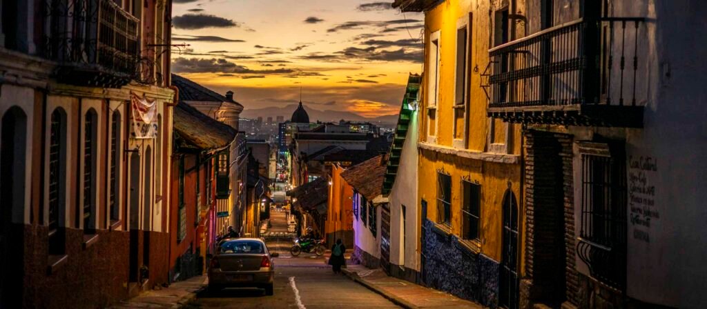 Setting sun causes a golden glow over the old town streets of Bogota